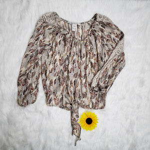 American Rag Cie Long Sleeve Boho Feather Crop Top